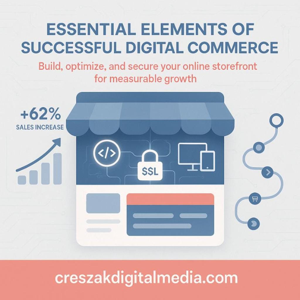 essential elements of successful digital commerce CresZak Digital Media Ecommerce Web Design Services highlighting essential digital commerce elements.