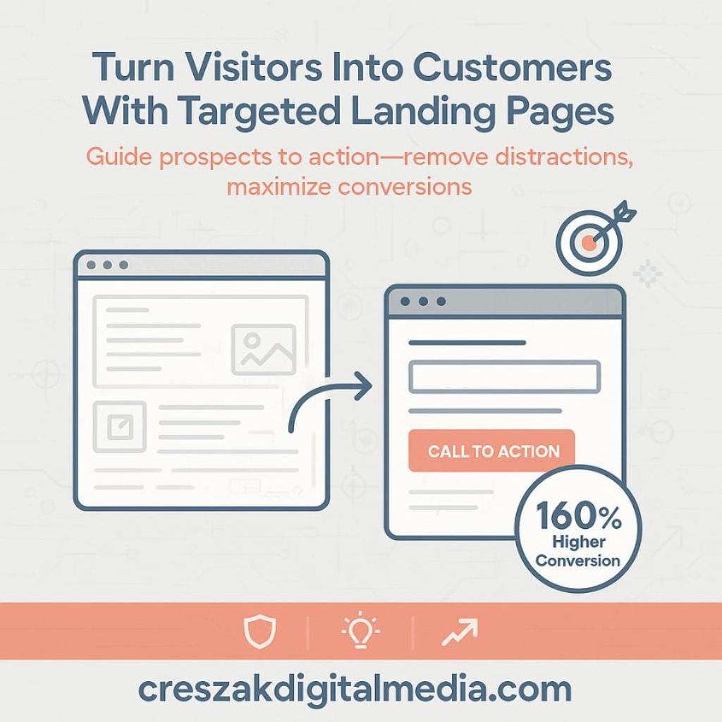 for small businesses, what’s the key difference between a regular website page and a focused web landing page design CresZak Digital Media clarifying the difference between website pages and focused Landing Page Design Services