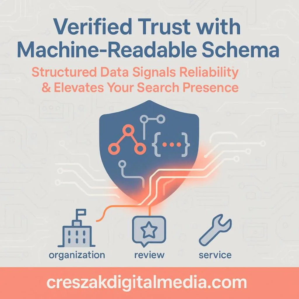 How machine-readable schema markup boosts trust signals and strengthens SEO Services for Small Businesses by CresZak Digital Media.