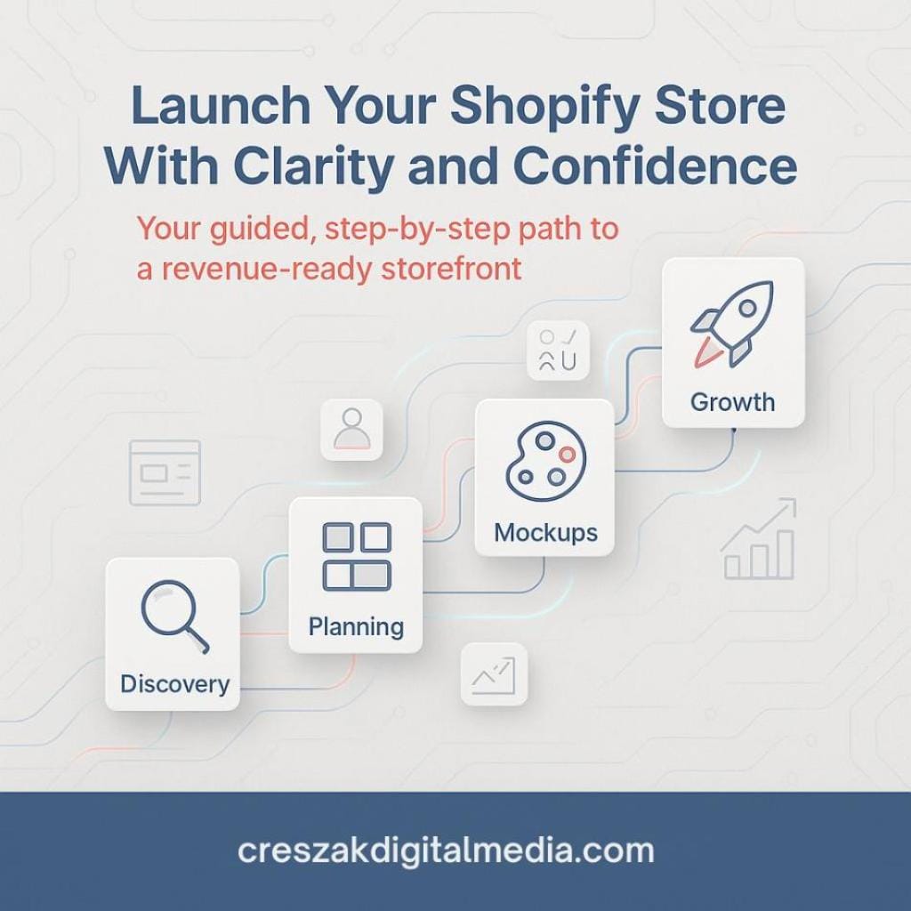 step-by-step approach to building your revenue-ready store Step-by-step Shopify Web Design Services by CresZak Digital Media for building revenue-ready stores