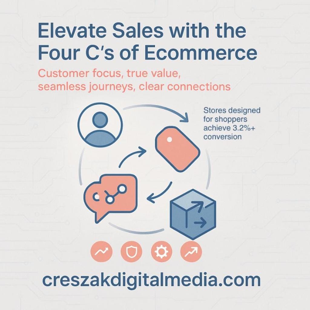 what are the four c’s in e-commerce, and how do they guide a web designer for ecommerce working with small businesses CresZak Digital Media Ecommerce Web Design Services guided by the four C’s of e-commerce.