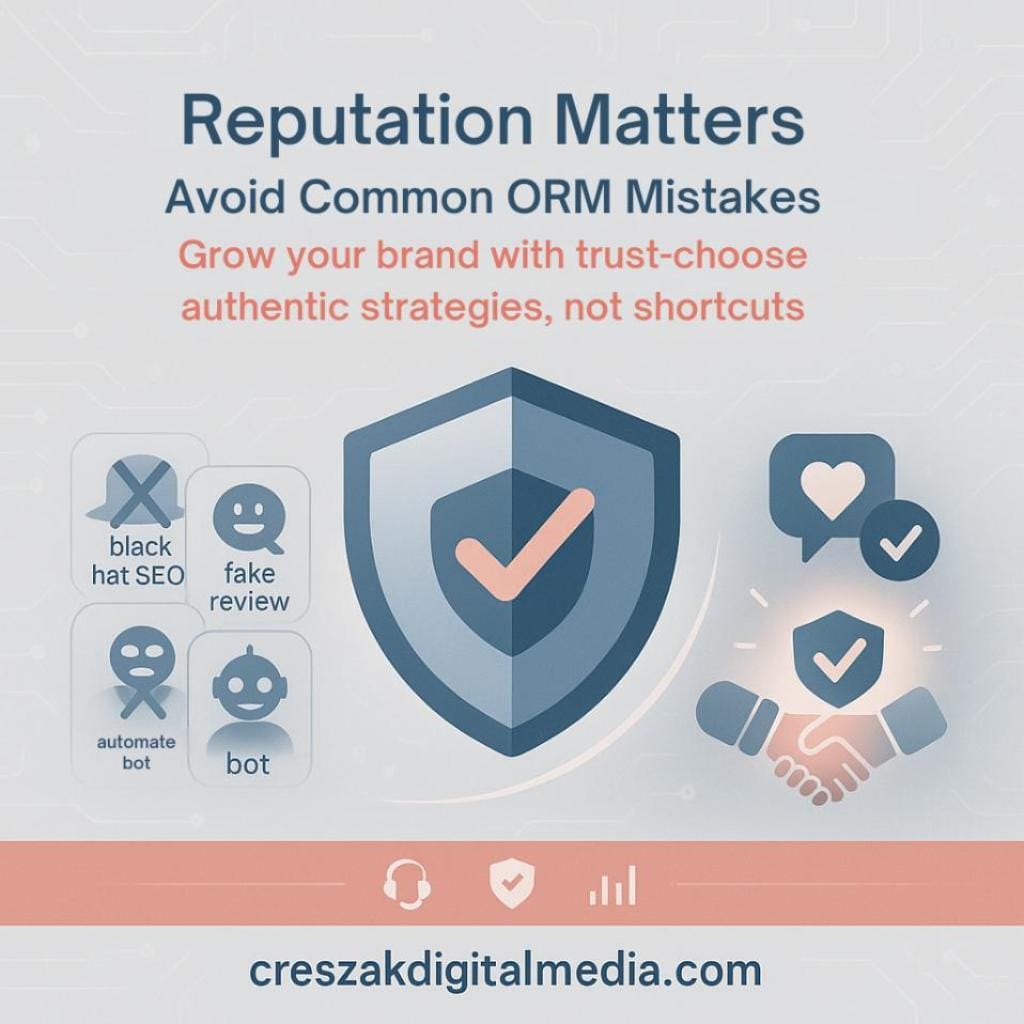 which tactics are mistakenly included in orm, online reputation management but do not actually belong in a small business strategy Authentic Reputation Management Services avoiding ineffective ORM tactics by CresZak Digital Media.