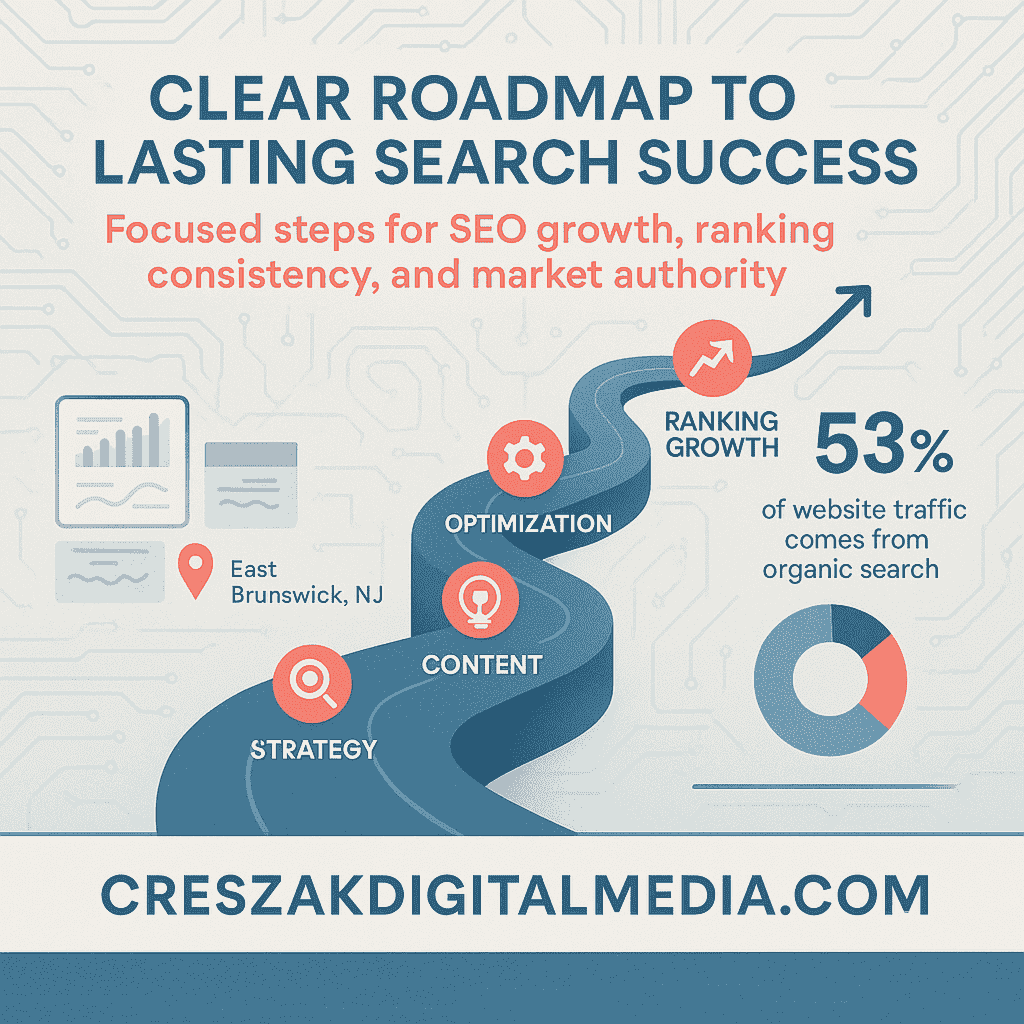 a clear roadmap for achieving sustainable search success SEO Services in East Brunswick roadmap for sustainable search success by CresZak Digital Media using technical SEO and content strategy