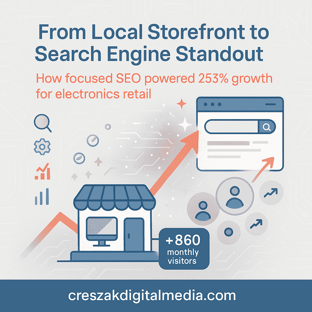 SEO Services in Stamford electronics shop success story by CresZak Digital Media through local search growth strategy