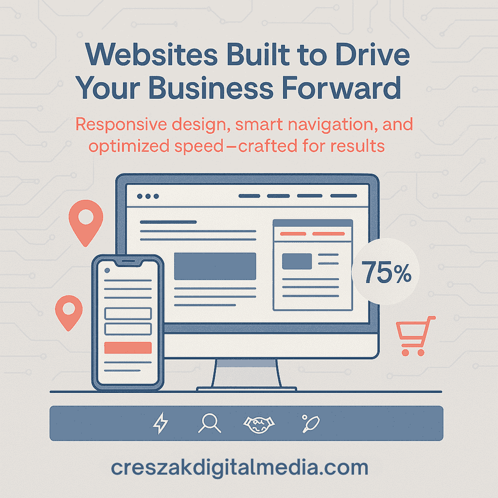Web Design Services in Bridgeport highlighting essential elements that make business websites perform by CresZak Digital Media with conversion design