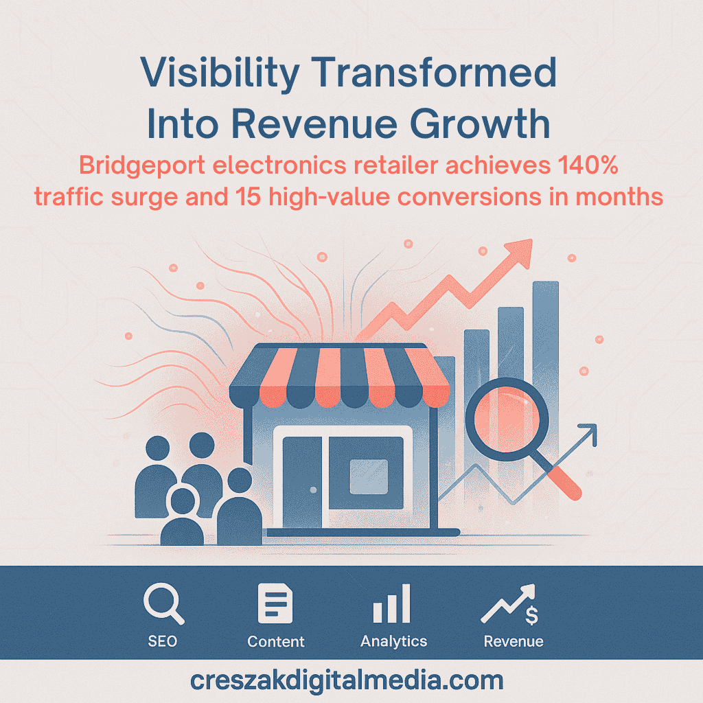 how a bridgeport electronics shop transformed visibility into revenue growth SEO Services in Bridgeport case study showing electronics shop growth through visibility and conversions by CresZak Digital Media local SEO approach