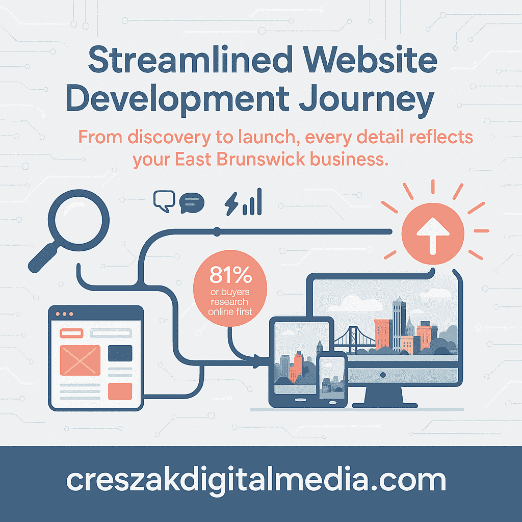 our streamlined website development journey Web Design Services in East Brunswick guiding businesses through a streamlined website development journey by CresZak Digital Media