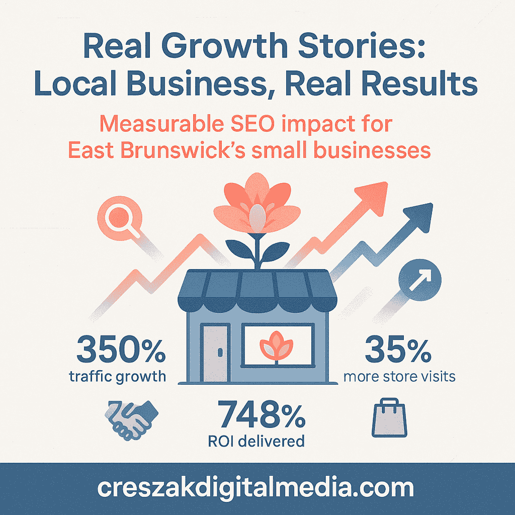 real growth stories from local small business success SEO Services in East Brunswick showcasing real local business growth stories by CresZak Digital Media through local SEO success strategies