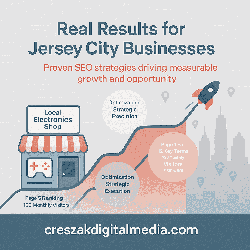 SEO Services in Jersey City showcasing real small business outcomes by CresZak Digital Media through measurable growth