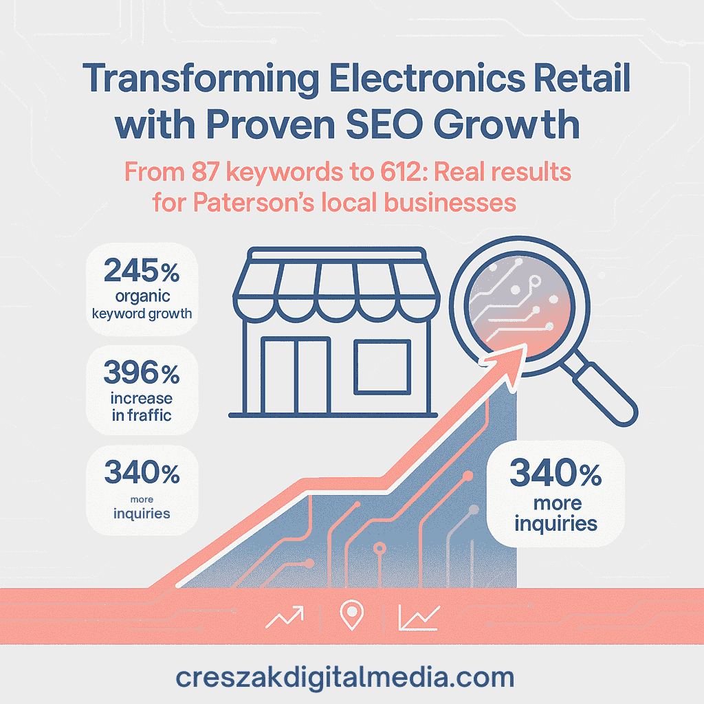 real success from electronics shop in paterson through strategic seo implementation SEO Services in Paterson showcasing electronics shop success through strategic optimization by CresZak Digital Media