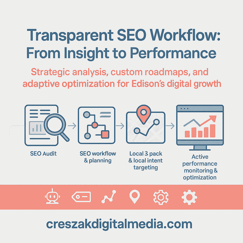 SEO Services in Edison transparent workflow from analysis to performance monitoring by CresZak Digital Media using technical SEO insights