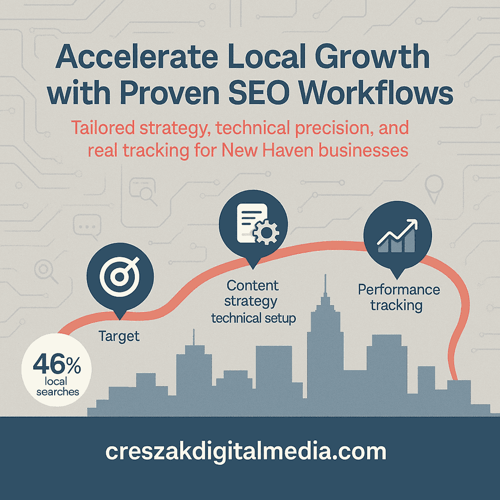 SEO Services in New Haven workflow trusted by businesses by CresZak Digital Media using technical SEO and analytics