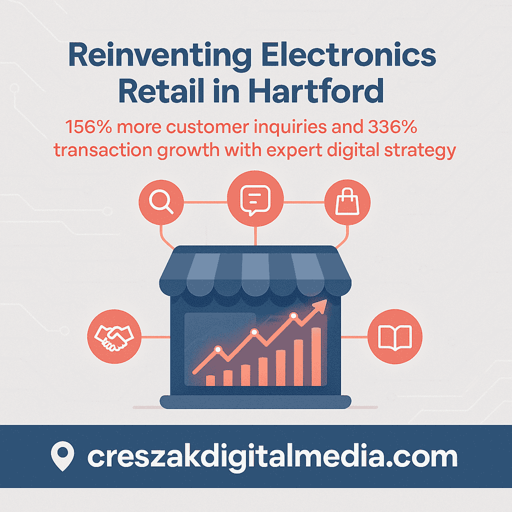 Digital Marketing Services in Hartford success story showing electronics shop growth through local SEO by CresZak Digital Media
