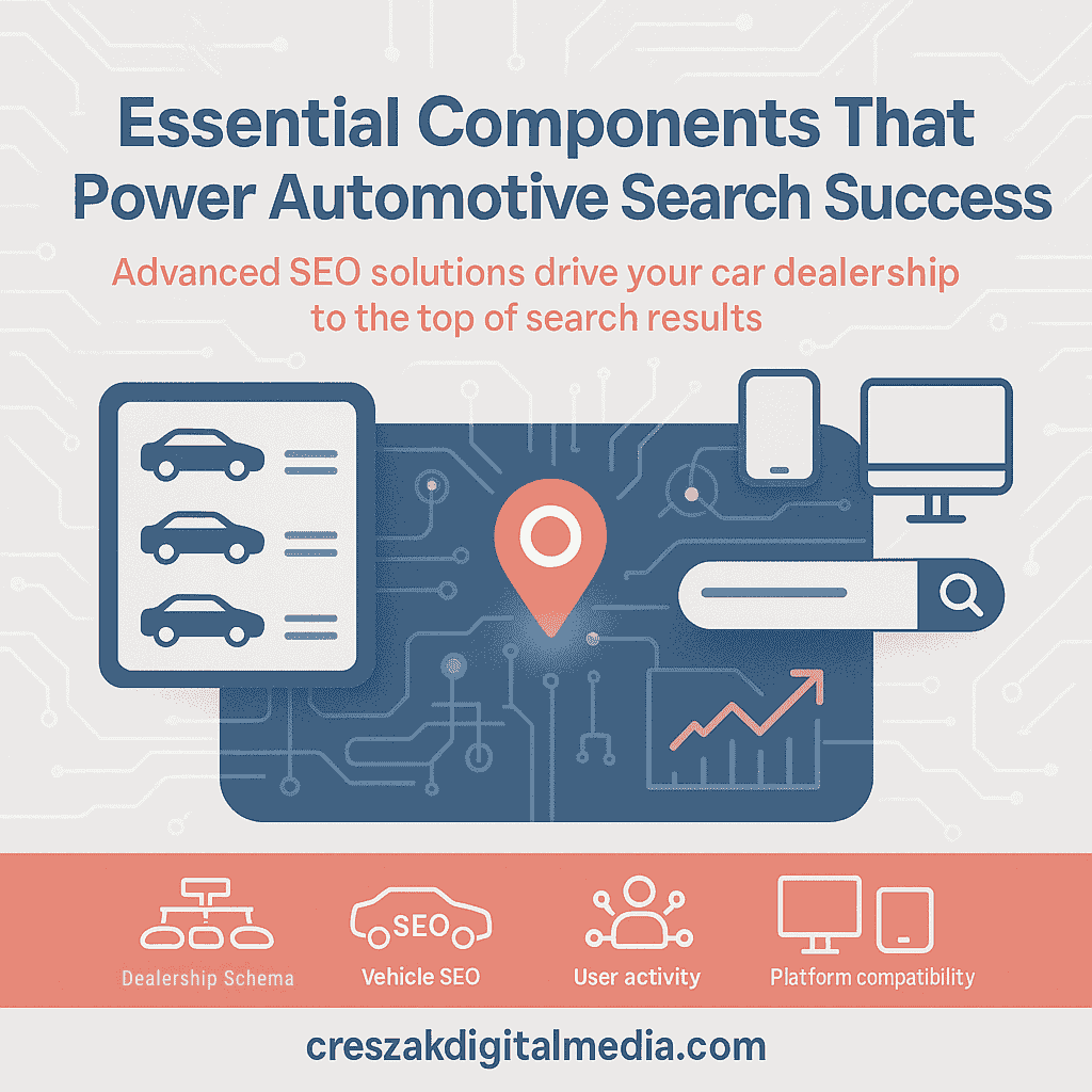 Essential components powering automotive search success with SEO services for car dealerships by CresZak Digital Media