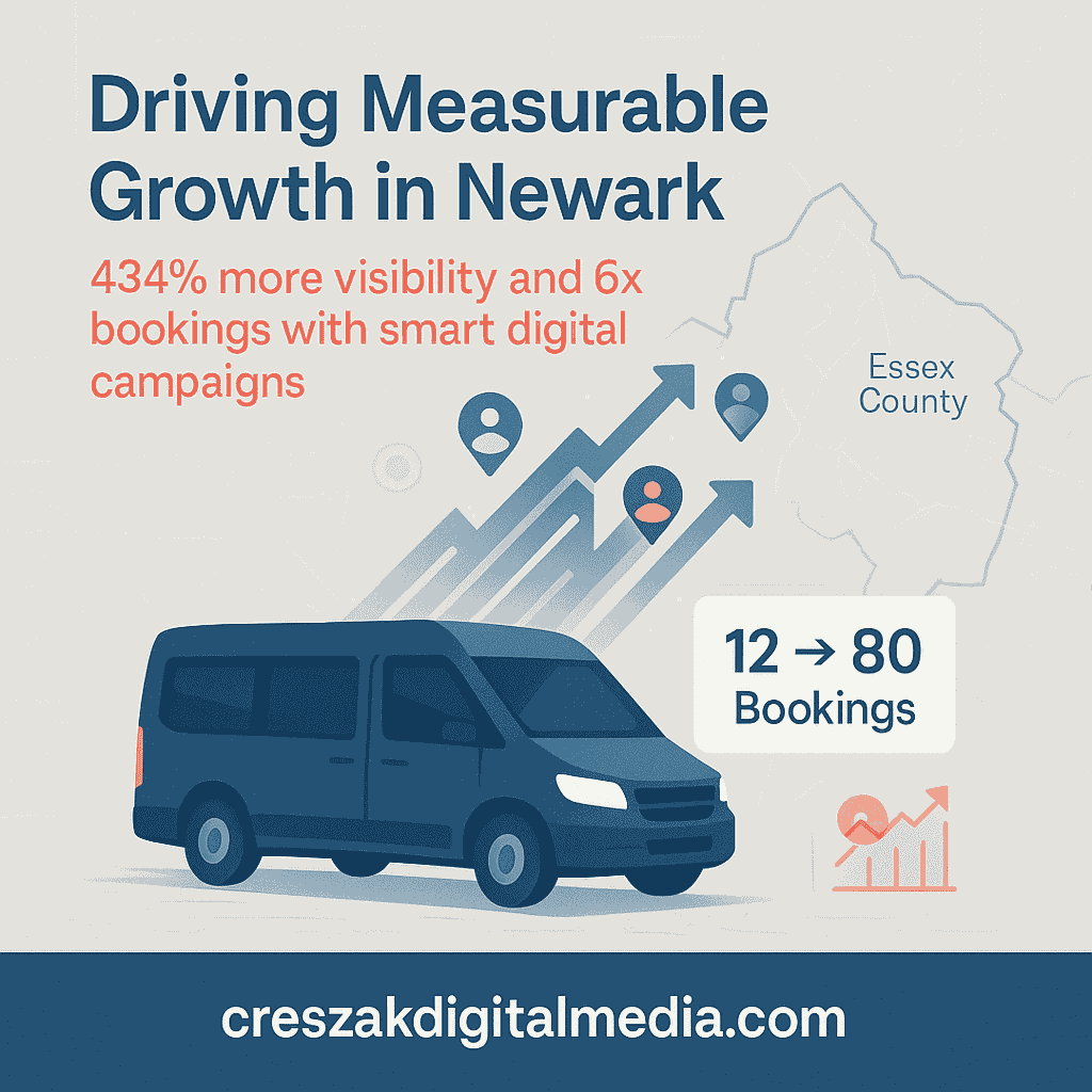 Digital Marketing Services in Newark success story showing shuttle business growth through local SEO by CresZak Digital Media