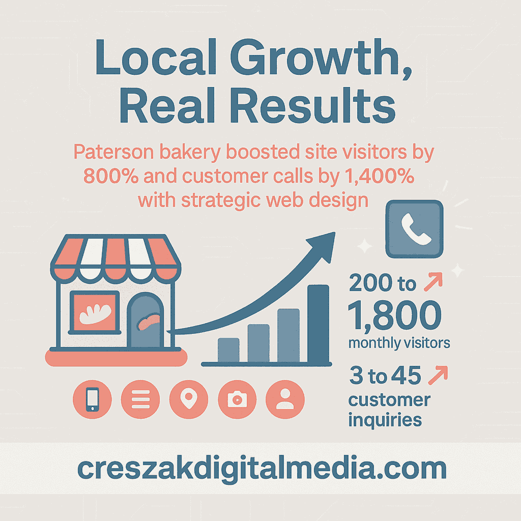 Web Design Services in Paterson success story by CresZak Digital Media showing responsive website design growth for local bakery