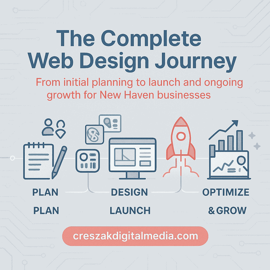 Complete journey of Web Design Services in New Haven by CresZak Digital Media showing strategy UX design and website development