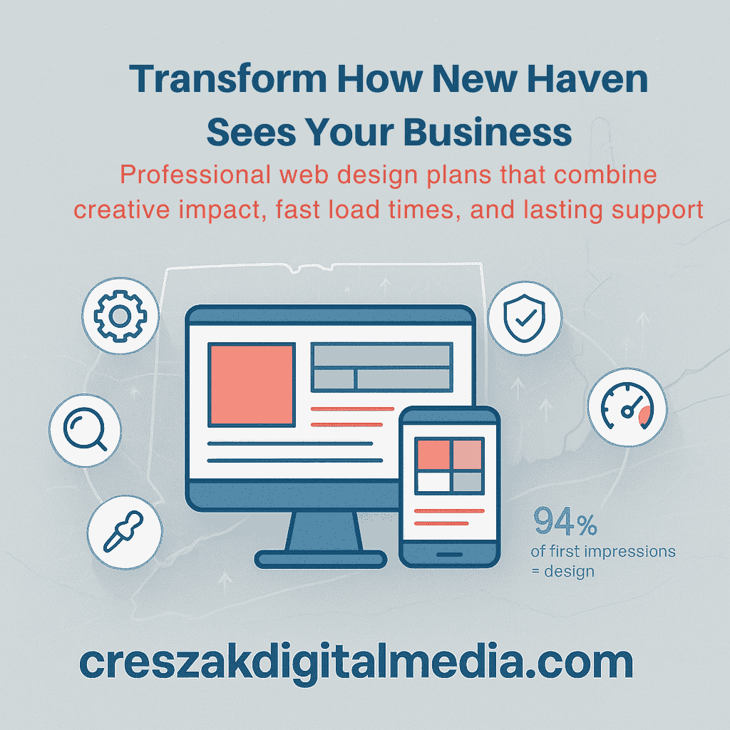 Web Design Services in New Haven explaining web design investment features by CresZak Digital Media with responsive design and UX